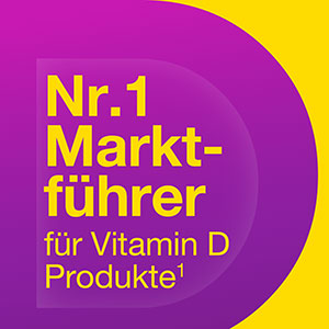Vigantolvit: Nr. 1 Marktfu-hrer fu-r Vitamin D Produkte, hervorgehoben in Gelb auf lila Hintergrund.