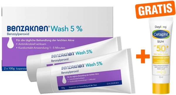 Benzaknen Wash 5 % Suspension 2 x 100 g + gratis Cetaphil Sun Daylong SPF 50+ liposomale Lotion 10 ml