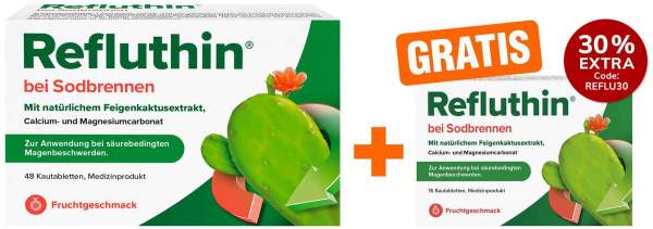 Refluthin Kautabletten Fruchtgeschmack 48 Stück + gratis 16 Kautabletten