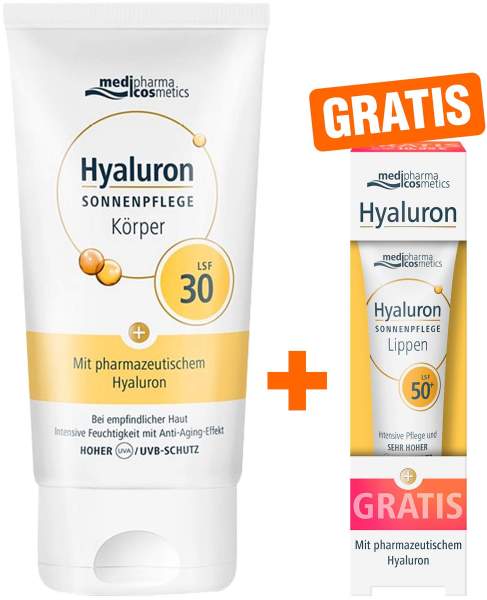medipharma cosmetics Hyaluron Sonnenpflege Körper LSF 30 150 ml + gratis Hyaluron Sonnen-Lippenpflege LSF 50+ 7 ml