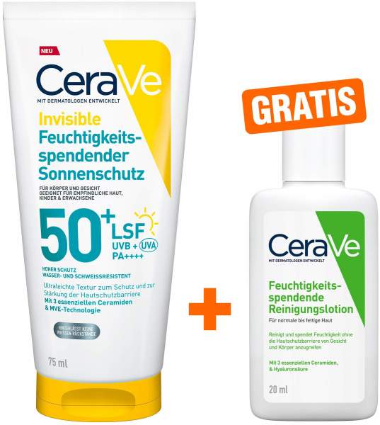 CeraVe Feuchtigkeitsspendender Sonnenschutz LSF 50+ 75 ml + gratis CeraVe Feuchtigkeitsspendende Reinigungslotion 20 ml