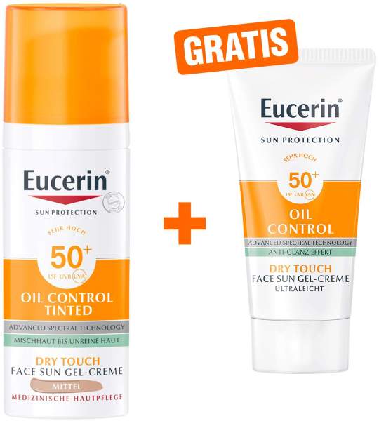 Eucerin Sun Oil Control Face Fluid Getönt (Mittel) LSF 50+ 50 ml + gratis Sun Gel-Creme Oil Control 20 ml