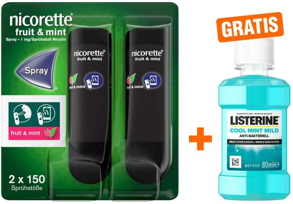 Nicorette Fruit &amp; Mint Spray 1 mg 2 Stück + gratis Listerine Cool Mint 80 ml