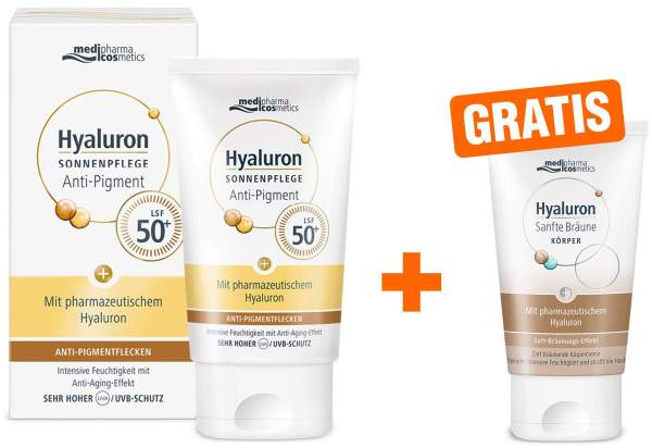 Hyaluron Sonnenpflege Gesicht Anti Pigment &amp; Anti Age LSF 50+ 50 ml + gratis Hyaluron Sanfte Bräune Körperpflege 30 ml