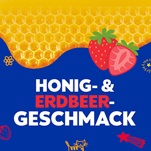Honig und Erdbeeren werden gezeigt. Der Text sagt: Honig- und Erdbeergeschmack.