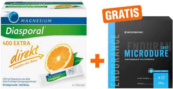 Magnesium Diasporal 400 Extra 100 Direkt Granulat Sticks + gratis Microbionic Microdure Shot 15 Sachets