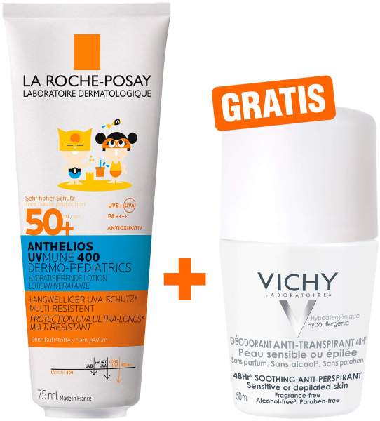 La Roche Posay Anthelios Dermo-Kids Hydratisierende Milch UVMune LSF50 75 ml + gratis Vichy Deo Roll-on 48h 50 ml