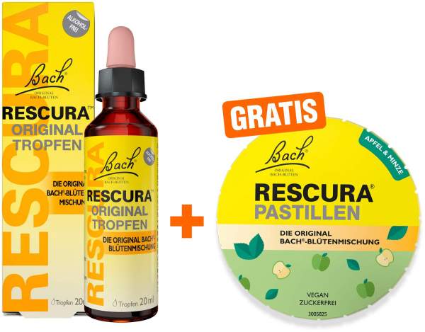 Bach Original Rescura alkoholfrei 20 ml Tropfen + gratis Original Rescura Apfel Minze 50 g Pastillen