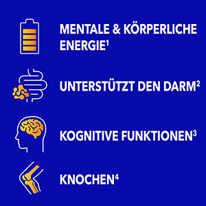 Bion3 unterstützt mentale & körperliche Energie, den Darm, kognitive Funktion und Knochen, wie durch Icons und Text hervorgehoben.