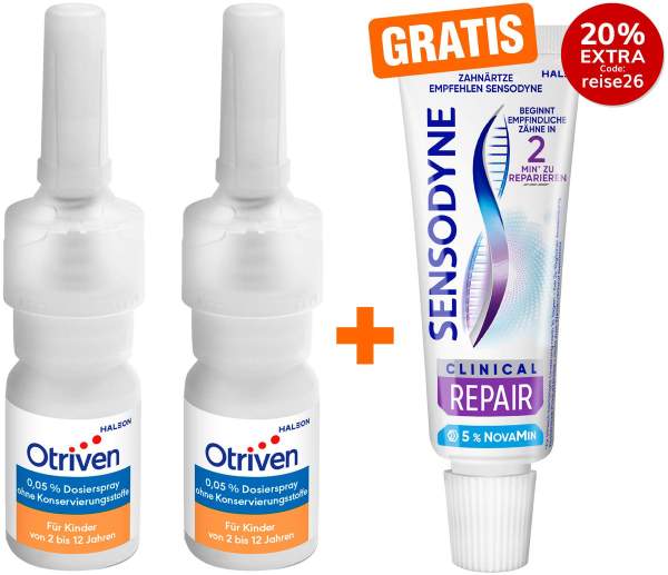 Otriven 0,05 % Dosierspray für Kinder 2 x 10 ml + gratis Sensodyne Clinical Repair Zahnpasta 15 ml