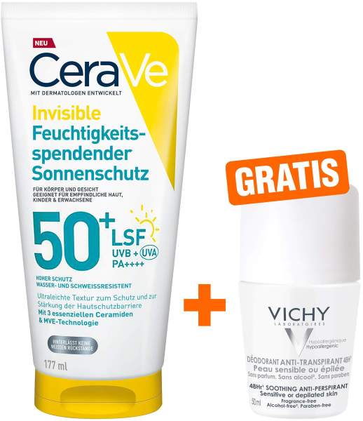 CeraVe Invisible Feuchtigkeitsspendender Sonnenschutz LSF 50+ 177 ml + gratis Vichy Deo Roll-on Anti Flecken 48h 50 ml