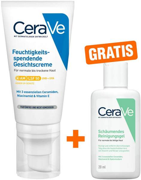CeraVe Feuchtigkeitsspendende Gesichtscreme LSF 50 52 ml + gratis Schäumendes Reinigungsgel 20 ml