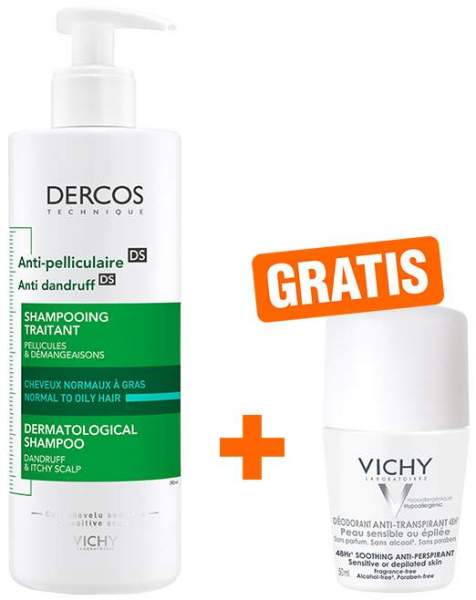 Vichy Dercos Anti Schuppen Shampoo fettige Kopfhaut 390ml + gratis Deo Roll-On Anti Flecken 48h 50 ml
