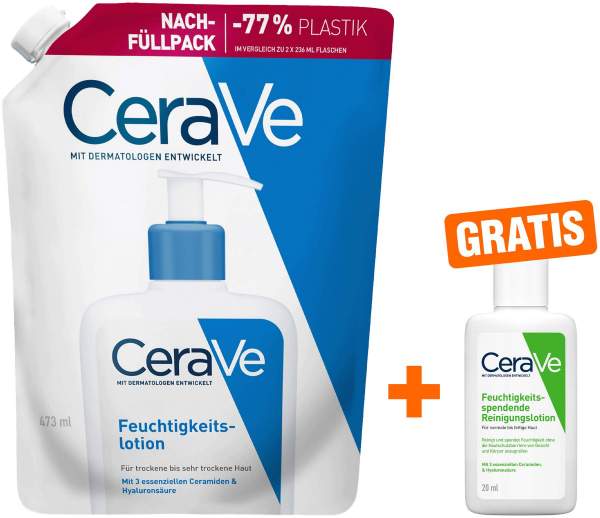 CeraVe Feuchtigkeitslotion Nachfüllpack 473 ml + gratis Cerave Feuchtigkeitsspendende Reinigungslotion 20 ml
