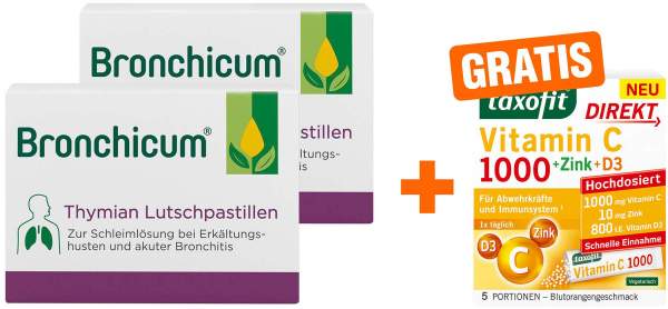 Bronchicum Thymian Lutschpastillen 2 x 20 Stück + gratis Taxofit Vitamin C direkt Granulat 5 Beutel