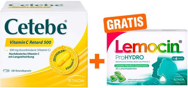 Cetebe Vitamin C Retardkapseln 500m mg 180 Stück + gratis Lemocin ProHydro 20 Lutschtabletten