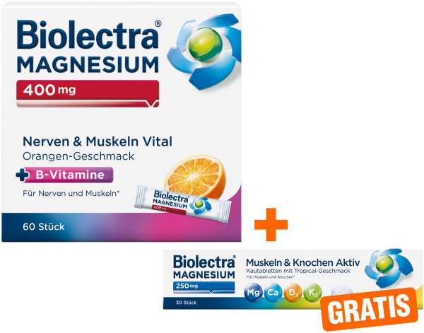 Biolectra Magnesium 400 mg Nerven &amp; Muskeln Vital 60 Beutel + gratis Magnesium 250 mg Aktiv 30 Kautabletten