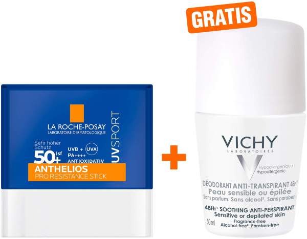 La Roche Posay Anthelios Pro Sport Stick LSF 50+ 9 g + gratis Vichy Deo Roll-on Anti Flecken 48h 50 ml
