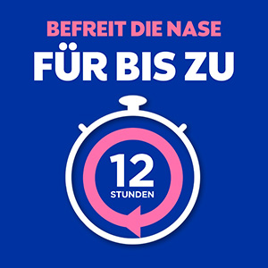 Gezeigt wird ein Wecker, in dem steht: zwölf Stunden. Darüber der Text lautet: Befreit die Nase für bis zu.