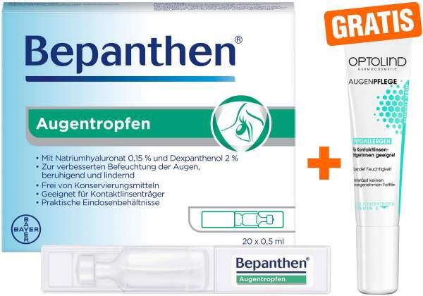 Bepanthen Augentropfen 20x0,5ml + gratis Optolind Empflindl. Haut Augenpflege 15 ml
