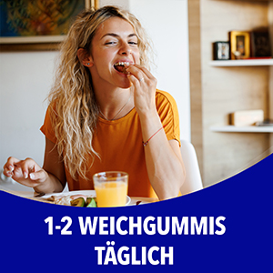 Frau beim Frühstück, 1-2 Weichgummis täglich
