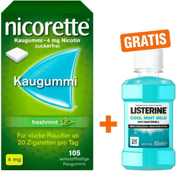 Nicorette 4 mg Freshmint Kaugummi 105 Stück + gratis Listerine Cool Mint 80 ml
