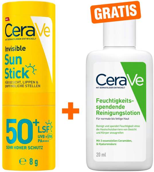 CeraVe Invisible Sun Stick SPF 50+ 8 g + gratis CeraVe Feuchtigkeitspendende Reinigungslotion 20 ml