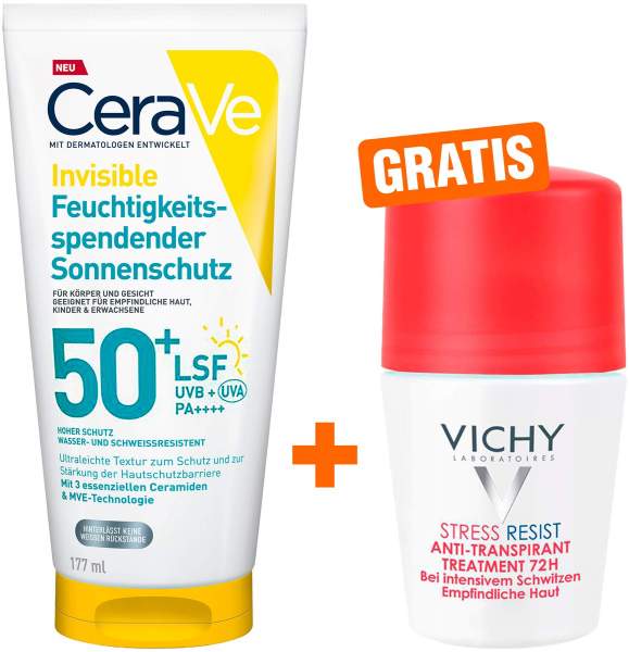 CeraVe Invisible Feuchtigkeitsspendender Sonnenschutz LSF 50+ 177 ml + gratis Vichy Deo Stress Resist 72h 50 ml
