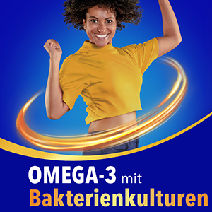 Energiegeladene Frau mit dem Text: Omega-3 mit Bakterienkulturen.