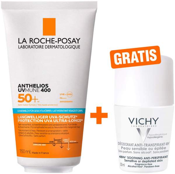 La Roche Posay Anthelios Körper + Gesicht LSF 50 150 ml Milch + gratis Vichy Deo Roll-on Anti Flecken 48h 50 ml