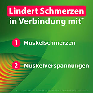 Kytta lindert Schmerzen in Verbindung mit Muskelschmerzen und Muskelverspannungen, speziell im Schulter-, Hals- und Lendenwirbelbereich.