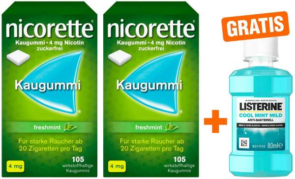 Nicorette 4 mg freshmint Kaugummi 2 x 105 Stück + gratis Listerine Cool Mint 80 ml