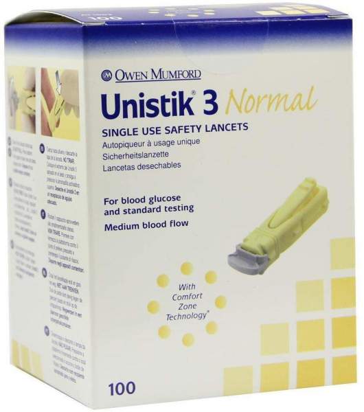 Unistik 3 Normal 1,8 mm Eindring Tiefe Stechhilfe 100 Stück