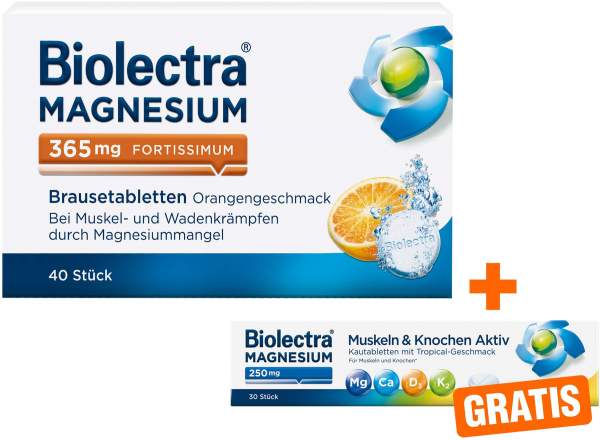 Biolectra Magnesium 365 mg fortissimum Orangengeschmack 40 Brausetabletten + gratis Magnesium 250 mg 30 Kautabletten