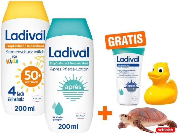 Ladival empfindliche Kinderhaut Milch 200 ml + Lotion 200 ml + gratis Schleich® Schildkröte + gr. Ente + gr. Lotion