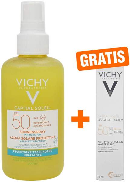 Vichy Capital Soleil Sonnenspray mit Hyaluron LSF 50 200 ml + gratis Vichy Capital Soleil UV-Age Daily LSF 50+ 15 ml