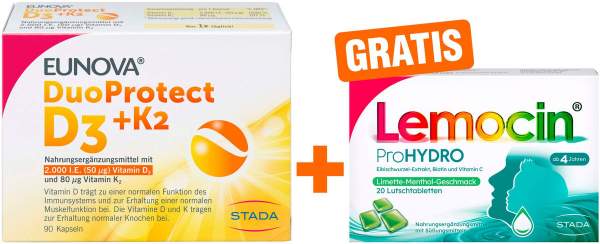 Eunova DuoProtect D3+K2 2000 I.E. 90 Kapseln + gratis Lemocin ProHydro 20 Lutschtabletten