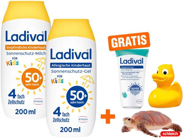 Ladival allergische Kinderhaut Gel 200 ml + Kinderhaut Milch 200 ml + gr. Schleich® Schildkröte + gr. Ente + gr. Lotion