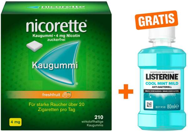 Nicorette 4 mg freshfruit Kaugummi 210 Stück + gratis Listerine Cool mint 80 ml