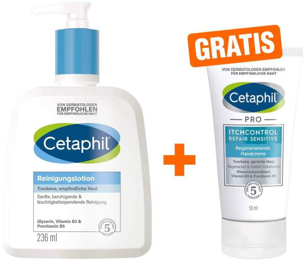 Cetaphil Reinigungslotion 236 ml + gratis Pro Itch Control Repair sensitive regenerierende Handcreme 50 ml