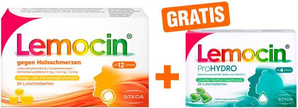 Lemocin gegen Halsschmerzen mit Honig-Zitronengeschmack 24 Lutschtabletten + gratis ProHydro 20 Lutschtabletten