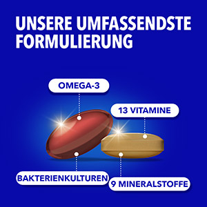 Bion3: Illustration der umfassendsten Formulierung mit Omega-3, 13 Vitaminen, Bakterienkulturen und 9 Mineralstoffen.