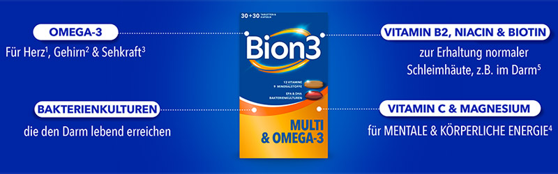 Bion3 Mulit & Omega-3 Banner, Abbildung der Verpackung, Angaben zu Inhaltsstoffen und Vorteilen