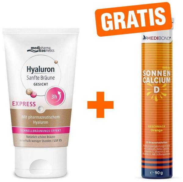 Hyaluron Sanfte Bräune Express Gesichtspflege 30 ml Creme + gratis Medibond Sonnencalcium D 20 Brausetabletten