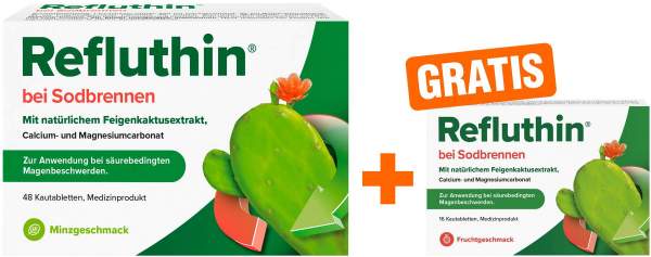 Refluthin Kautabletten Minzgeschmack 48 Stück + gratis Refluthin Kautabletten Fruchtgeschmack 16 Stück