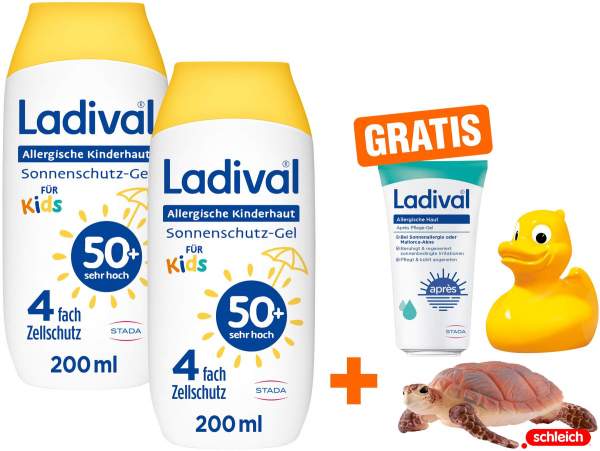 Ladival allergische Kinderhaut Gel LSF 50+ 2 x 200 ml + gratis Schleich® Schildkröte + gratis Ente + gratis Apres Lotion