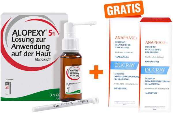 Alopexy 5 % Lösung zur Anwendung auf der Haut 6 x 60 ml + gratis Ducray Anaphase+ Shampoo 2 x 100 ml