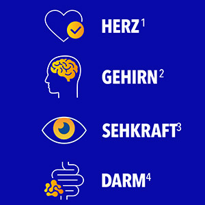 Bion3 unterstützt Herz, Gehirn, Sehkraft und Darm, wie durch Symbole und Beschriftungen visuell hervorgehoben.