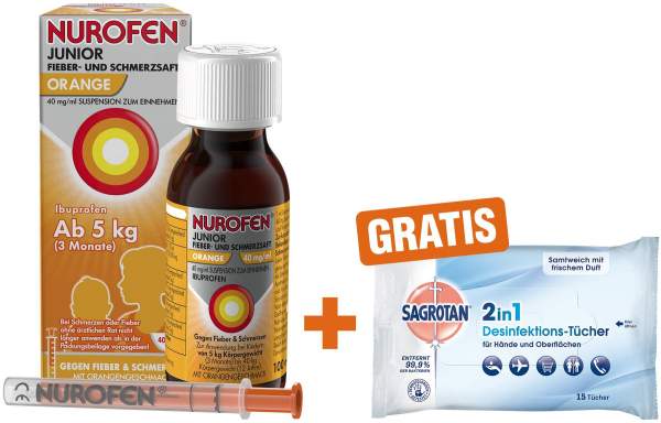Nurofen Junior Fieber- &amp; Schmerzsaft Orange 40mg pro ml 100 ml + Sagrotan 2 in 1 Desinfektionstücher 15 Stück