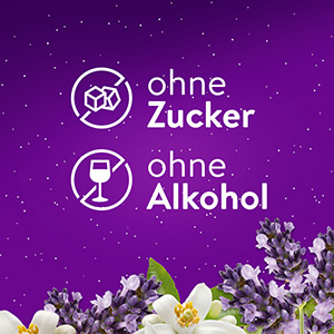 Weißer Text auf lila Hintergrund: ohne Zucker, ohne Alkohol
